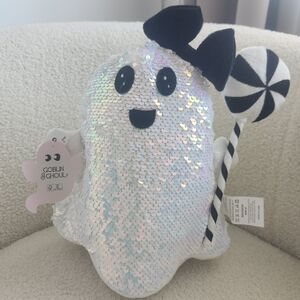 Goblin & Ghoul Sequin Ghost Pillow with Bow and Lollipop Weighted Bottom